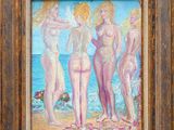 an oil painting of three nudes on a beach by the ocean