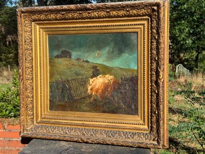 a picture of a painting of cows in a field