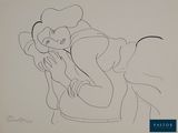 an image of a black and white drawing of a woman on a chair