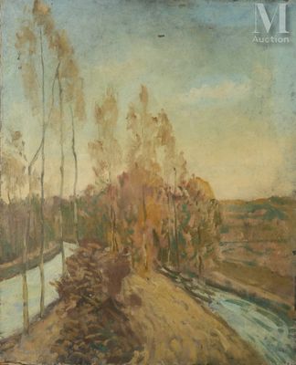 une image représentant un tableau où l'on voit une rivière qui traverse une forêt