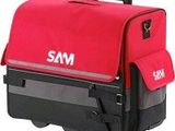 a close up of a red and black bag on a white background