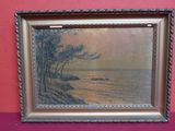 an old picture of a painting hanging on a wall next to a red wall