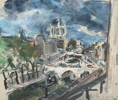 painting of a painting of a bridge over a river with a building in the background