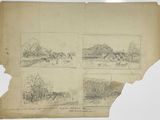 quatre croquis représentant un paysage avec des chevaux et un homme à cheval