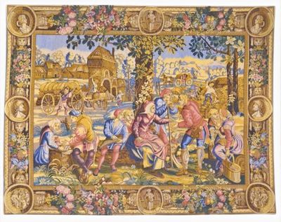 an image of a tapestry with a picture of a group of people