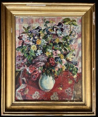 painting of flowers in a white vase on a red table cloth