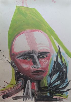 tableau représentant une femme portant une coiffe verte et un oiseau sur l'épaule