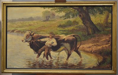 un tableau représentant un homme labourant une rivière avec deux vaches