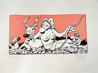 un dessin représentant une femme assise par terre, tenant un cerf dans la main