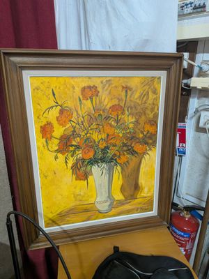 a picture of a painting of flowers in a vase on a table