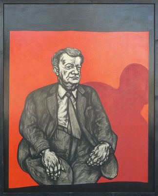 un tableau représentant un homme en costume-cravate assis sur une chaise