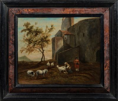 une peinture à l'huile représentant un homme avec des moutons dans un paysage