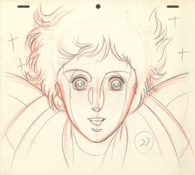 drawing of a woman ' s face with large blue eyes and long hair