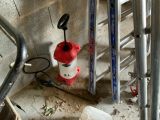 une borne d'incendie rouge et blanche placée à côté d'une échelle