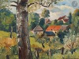 une peinture à l'huile représentant une scène de campagne, avec un arbre au premier plan et une maison au loin