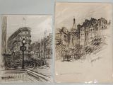 two drawings of a train traveling past a building on a city street