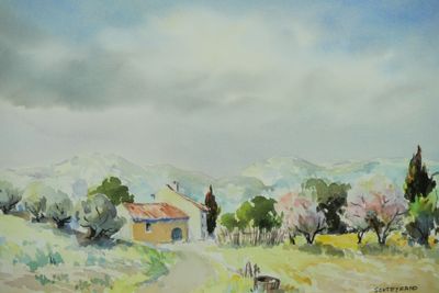 Francine SOUTEYRAND (1929-2017). Le petit mas. Crayon et aqu…