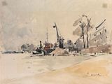 a watercolor painting of a ship in the water