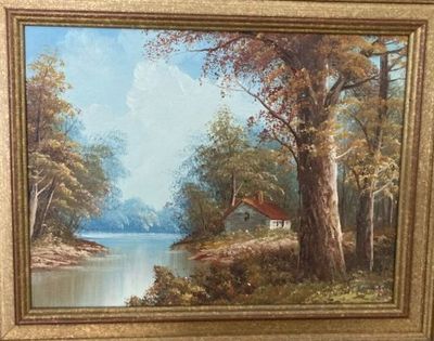an oil painting of a house by a lake in a wooded area