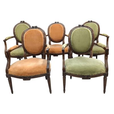 four chairs with green and orange upholstered upholstered upholstered upholstered upholstered