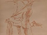 un vieux dessin représentant un homme avec un chien et un chapeau