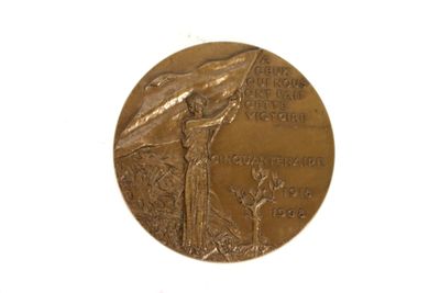 gold medal with a woman holding a flag on a white background