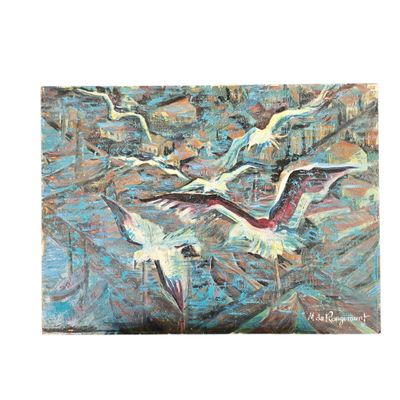 tableau représentant une volée d'oiseaux survolant un plan d'eau
