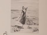 a drawing of a woman on the beach with a bird in the sky