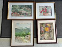 LOT de 4  aquarelles encadrées figurant jardin - fleurs et paysage Bra