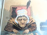 un tableau représentant une femme assise à une table, avec un chat sur la tête