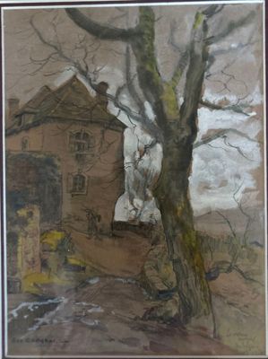 un tableau représentant un arbre devant une maison