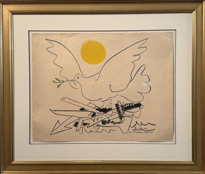 an image of a painting of a bird with a sun in the background