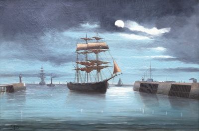 un tableau représentant un bateau sur l'eau, avec la pleine lune en arrière-plan