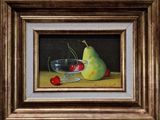 a painting of a pear and cherries in a glass bowl