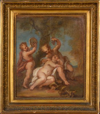 a painting of a painting of two chers and a baby