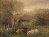 un tableau représentant deux vaches dans un champ, avec une grange en arrière-plan