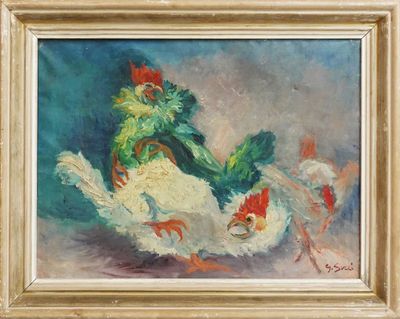 une peinture à l'huile représentant un poulet et deux poulets, dans un cadre doré