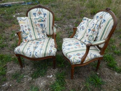 une paire de chaises anciennes avec des coussins rembourrés à motifs floraux, dans un champ