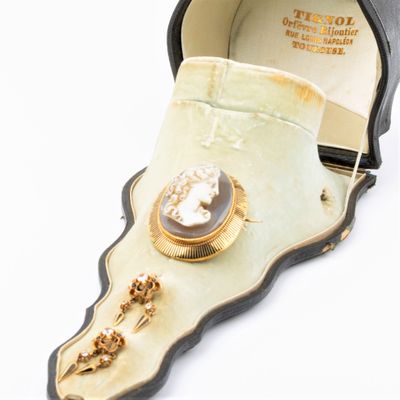 a box with a brooch on it and a pair of earrings in it