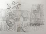a drawing of a vase with flowers in it