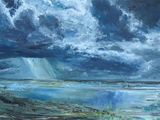an oil painting of a cloudy sky over a body of water