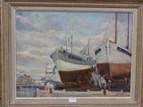 a painting of two boats docked in a harbor