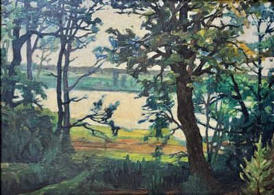 painting of a view of a lake through the trees with a bench in the foreground