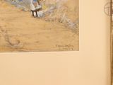 a picture of a painting of a woman walking on the beach