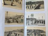 several black and white photos of people on a beach with umbrellas