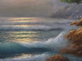 a painting of a tree on a cliff by the ocean