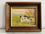 une peinture à l'huile représentant deux chiens dans un champ, avec des arbres en arrière-plan