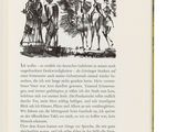 an open book with a black and white drawing of a man on a horse