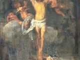 an image of a painting of jesus on the cross surrounded by angels