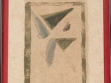 painting of a bird in a square with a red background